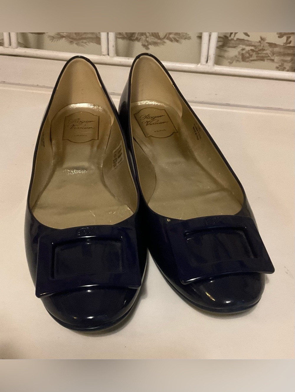Roger Vivier Navy Patent Buckle-Front Ballet Flats